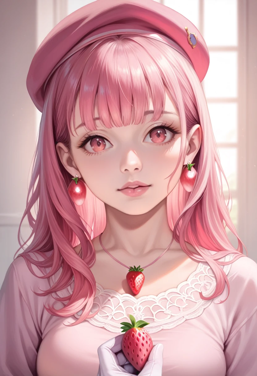 A beautiful, detailed girl with clear skin, wearing a pastel pink rabbit beret, long wavy pink hair with bangs, strawberry pink earrings, a pink necklace with a pink strawberry, an exposed pink blouse with pink sleeves, (best quality,4k,8k,highres,masterpiece:1.2),ultra-detailed,(realistic,photorealistic,photo-realistic:1.37),highly detailed, exquisite digital painting, intricate detail, delicate shading, soft pastel colors, warm lighting, magical realism