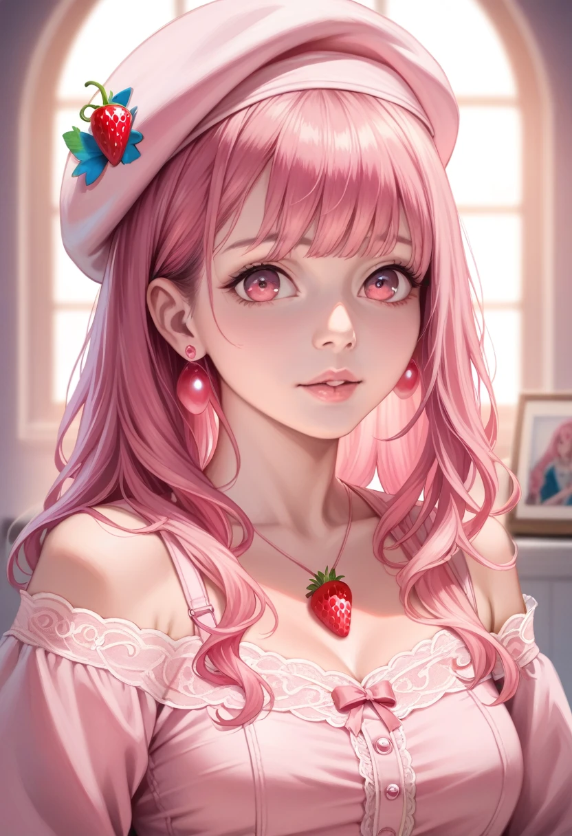 A beautiful, detailed girl with clear skin, wearing a pastel pink rabbit beret, long wavy pink hair with bangs, strawberry pink earrings, a pink necklace with a pink strawberry, an exposed pink blouse with pink sleeves, (best quality,4k,8k,highres,masterpiece:1.2),ultra-detailed,(realistic,photorealistic,photo-realistic:1.37),highly detailed, exquisite digital painting, intricate detail, delicate shading, soft pastel colors, warm lighting, magical realism