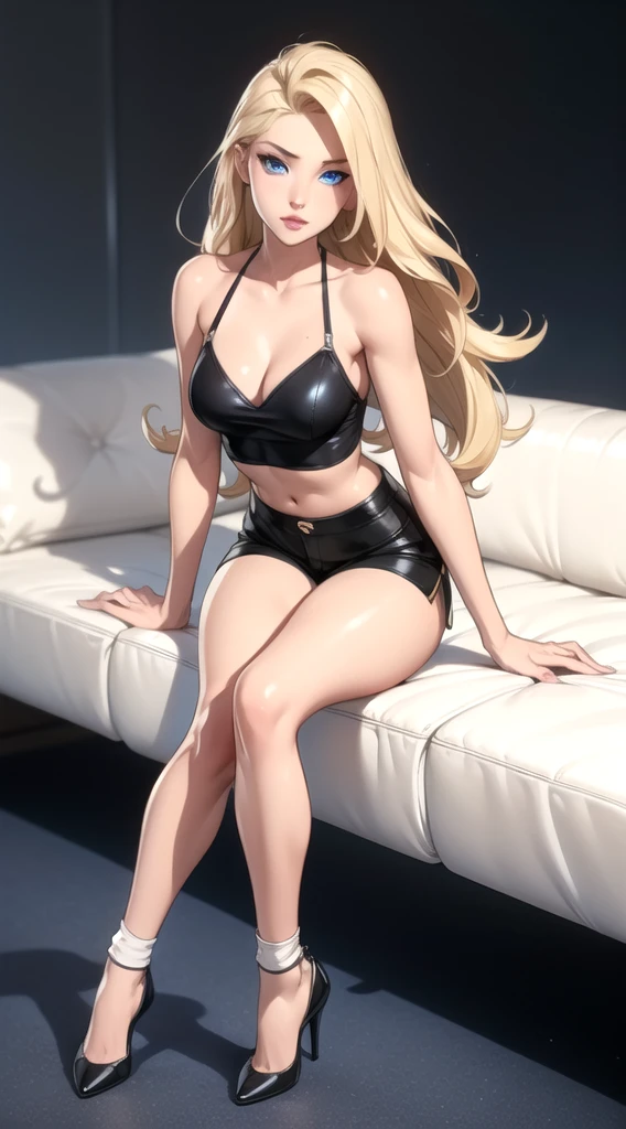 1girl、(((best quality)), ((masterpiece)), (details), masterpiece, best quality, high quality, ulutra detailed, perfect face, ((1girl, blond eyes, tiger ears: 1.3 blond long hair: 2.5,Mole under left eye:2.0))、Shiny Hair、Glowing Skin、Lustful look、China dress、Sitting on a Chinese-style sofa、Stiletto heels、
