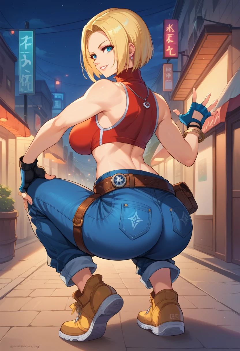 score_9, score_8_up, score_7_up, 1girl, solo, BlueMary, short hair, blue eyes,pants, crop top, turtleneck, belt, large breasts, necklace,fingerless gloves, standing, standing, squatting, ass, looking at you, flirtatious smile, night, street, illimunated city, from behind
