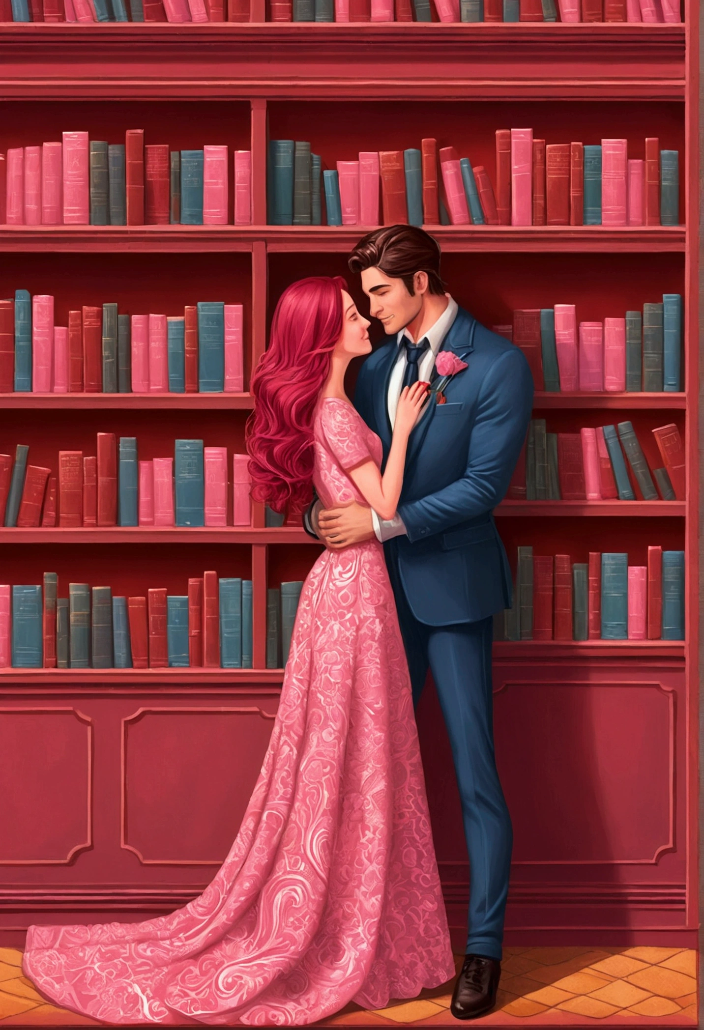 Illustration of a couple in a library, victorious style, couple in love, red and pink , book cover 