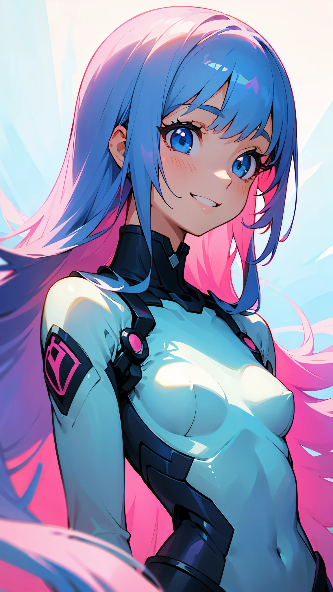1 girl、Pink Hair、Beautiful Anime Girls、Small breasts、Long Hair、bangs、Blue Hair、Bright Blue Eyes、profile、Upper body close-up、Grin