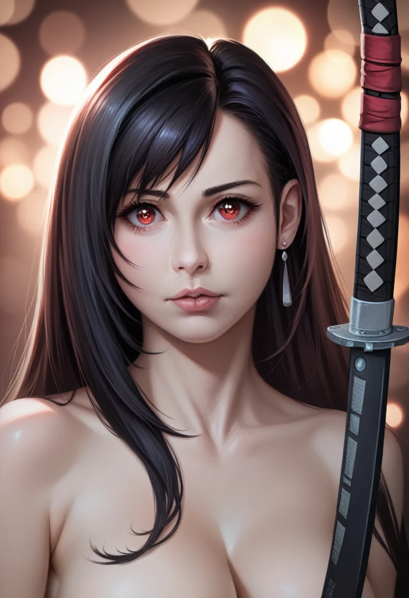 a close up of a naked woman, 1girl, beautiful detailed eyes, beautiful detailed lips, extremely detailed eyes and face, long eyelashes, disheveled hair, katana zero video game character, tifa lockhart, (best quality, 4k, 8k, highres, masterpiece:1.2), ultra-detailed, (realistic, photorealistic, photo-realistic:1.37), illustration, studio lighting, vivid colors, bokeh