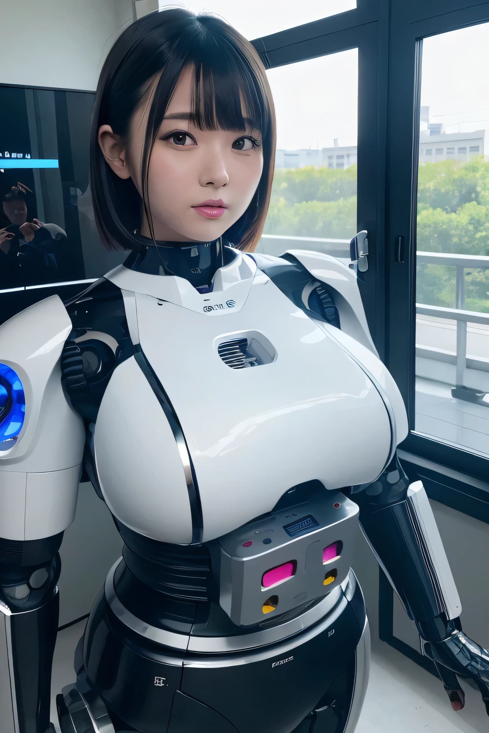 masterpiece, best quality, extremely detailed, Japaese android girl,portrait,Plump,a bit chubby,control panels,android,Droid,Mechanical Hand, Robot arms and legs, Black hair,Blunt bangs,perfect robot girl,long tube,thick cable connected her neck,android,robot,humanoid,cyborg,japanese cyborg girl ,robot-assembly plant,She is assembling now,assembly scene,camera eyes,chest monitor