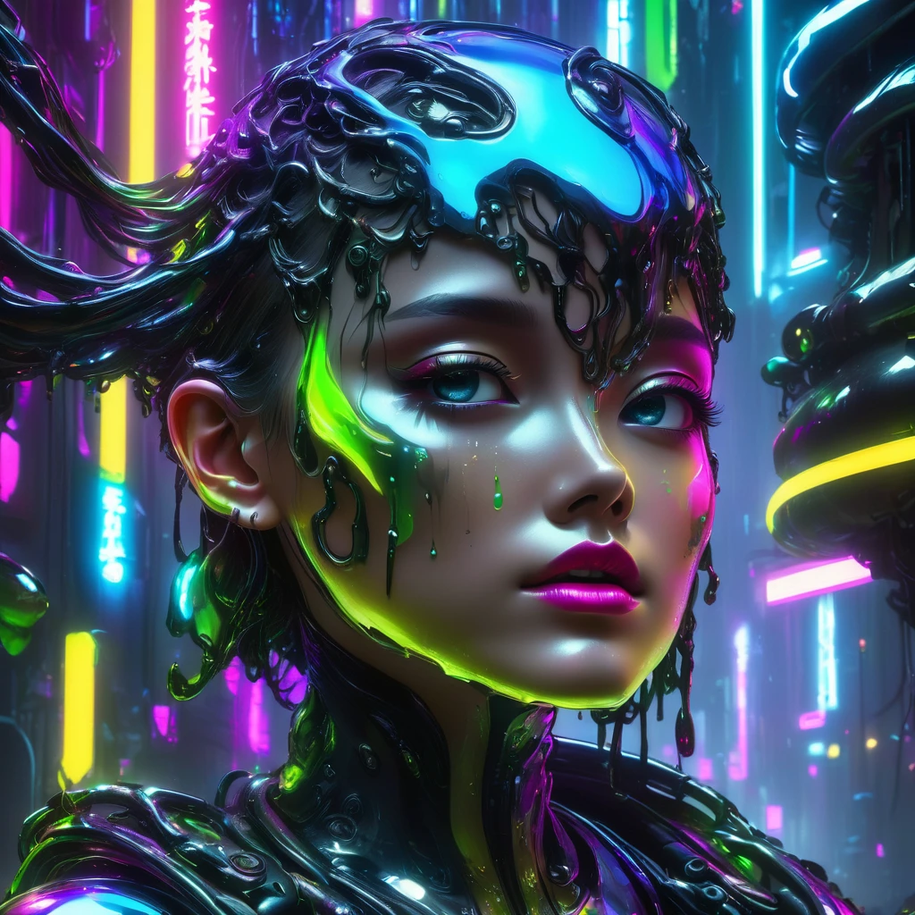  1 Metal Slime、liquid metal、Detailed metal face、Beautiful metal eyes、Detailed metal lips、Beautifully detailed metal woman、Liquefied Face、Melting Body、Gorgeous futuristic dungeon environments、Shining neon lights、Very detailed、8k、Photorealistic、Dramatic lighting、Cinematic composition、Bright colors、Dark and gloomy atmosphere、Techno-Organic、sf、cyber punk