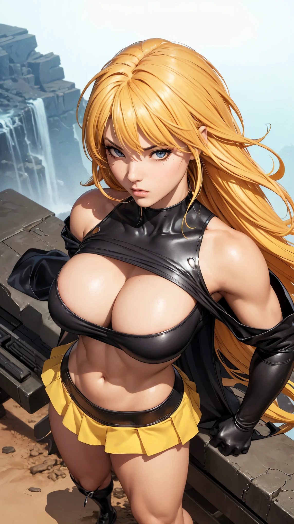 fresh female muscle hero アートイメージ, Big Breasts, beautiful, (((ntricate)) tight costume、mini highschool skirt with frills, messy yellow hair, massive breasts, Luis Royo, Boris Vallejo, J. Scott Campbell, Extreme concentration, Sharp details, sexy,  Oily skin, Show me your legs, bare shoulder, Fluttering cape, whole body, (from above), character art, game art, pose ready for action,