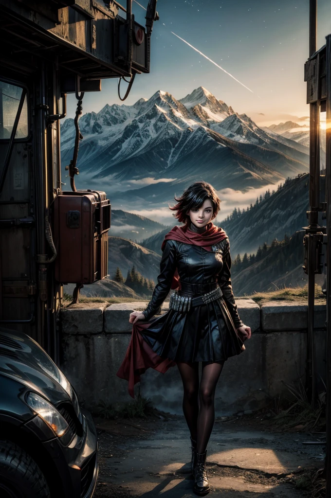 (masterpiece, best quality:1.2), cowboy shot, solo, 1girl, ruby rose, grin, looking at viewer, arms behind back, black dress, long sleeves, red cape, pantyhose, standing with crowd in city ruins on hill, overlooking valley, (crowd in military uniforms) BREAK night, stars, moon, snow, BREAK mountains in background, waterfall, vehicle wreck, , (crowd in military uniform), bonfires, post-apocalypse, dystopian future