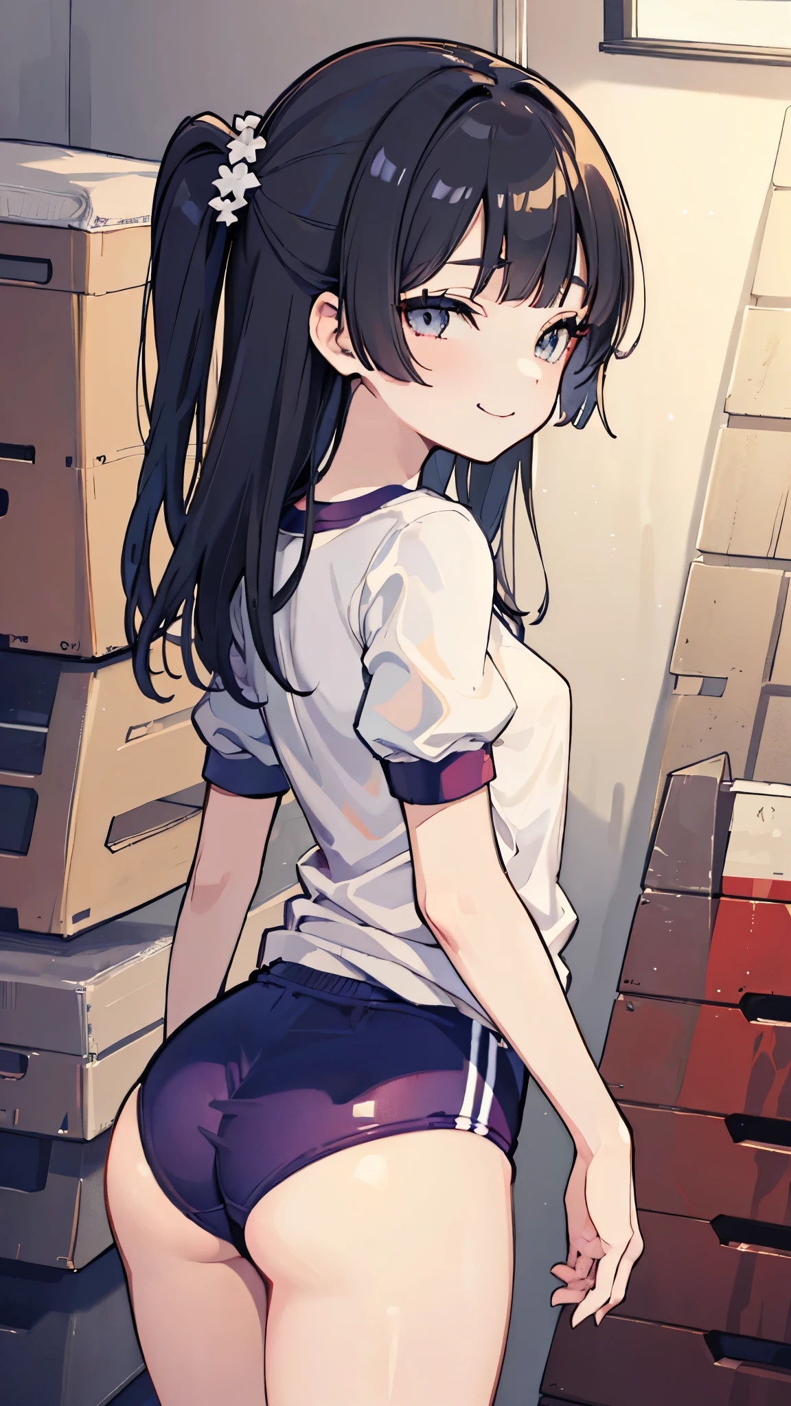 (masterpiece、Highest quality、Very detailed))、One girl、Black Hair、Black Hair、Long Hair、blunt bangs、Grey Eyes、evil smile、((Small breasts))、((gym uniform))、Short sleeve、Cowboy Shot、((Pretend))、((Turning your butt off))、((Shoot from behind))、Gym storeroom
