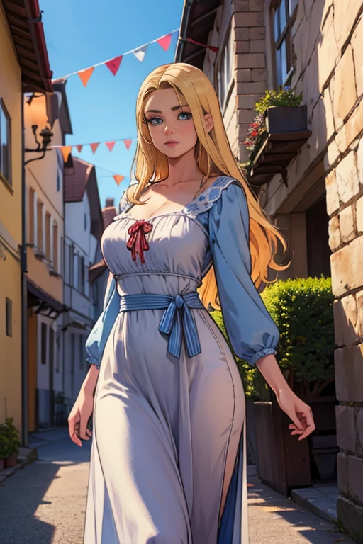Highest quality, masterpiece, Realistic photos, Intricate details, RAW Photos, Super detailed, old fashioned young woman, Wearing a peasant dress, No neckline, Blonde, Perfect details and blue eyes, Walking around the old town, HD quality, 8k, young woman, 20-year-old