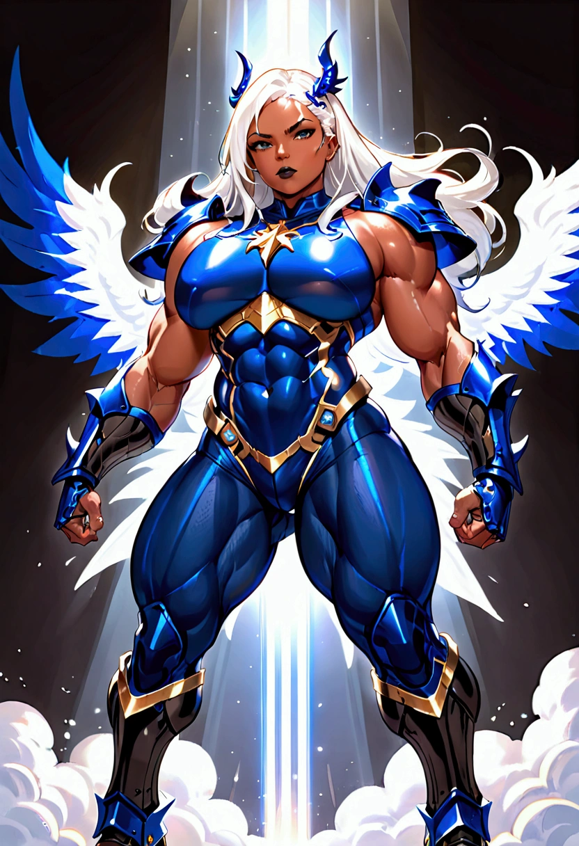 (((Massive, beautiful, buff, brown skinned muscular woman with white hair, ginormous bulky muscles and clad in gleaming blue knight armor suit with black tight pants and mechanical six-winged holy light wings))), close view, ((black lipstick)), vascular, massive muscle, massive biceps, hyper muscle shoulders, vascular shoulders, hyper muscle triceps, (long straight white hair), blue eyes, (black tight pants), (knight boots), determined look, ((in heaven)), snowfall, Vascular arms, hyper muscles arms, hyper muscle legs, massive buff arms.