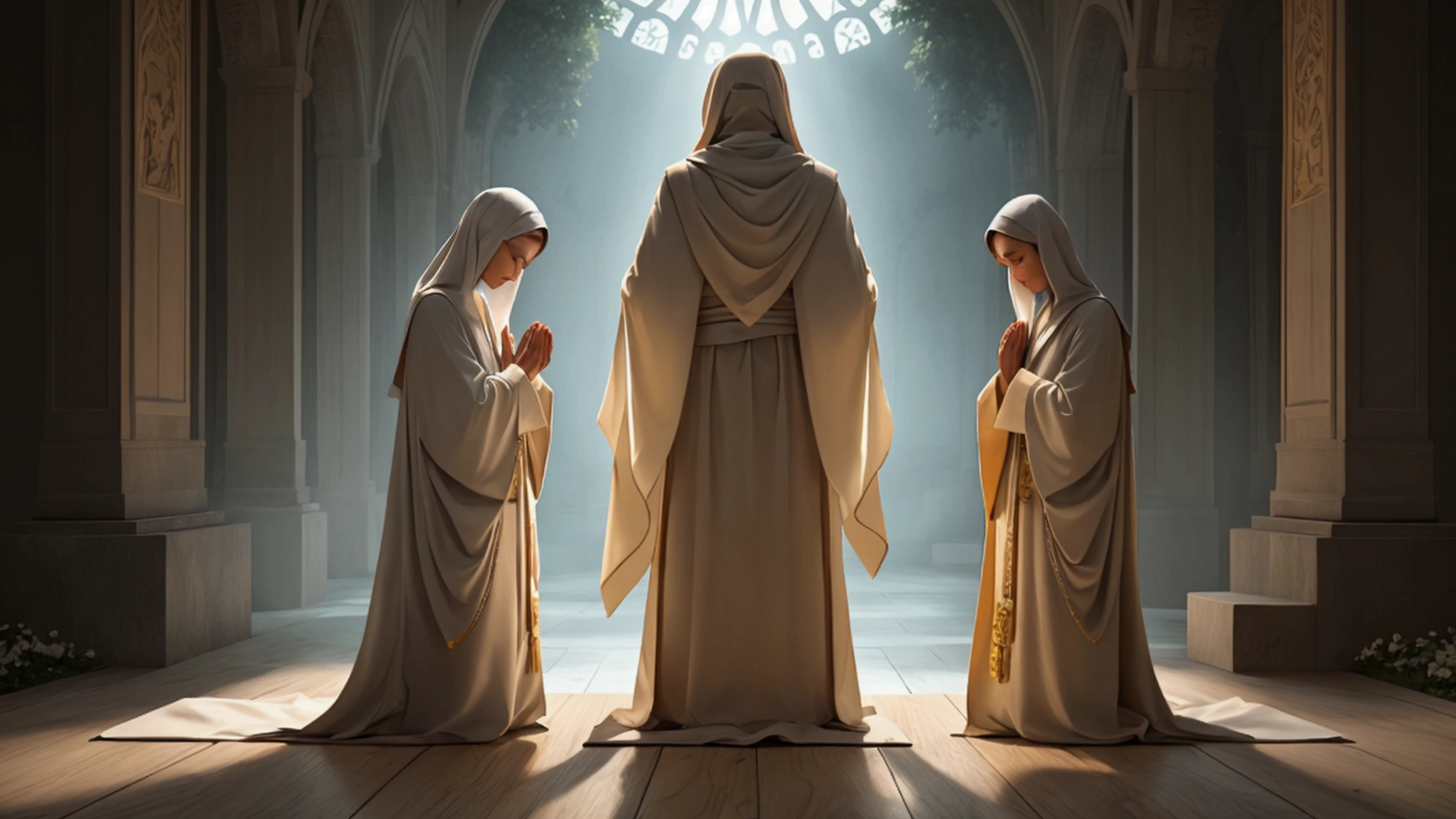 "Description: Visualize the concept of humility and the acceptance of the mystery in God's plans. Show a scene of individuals in prayer or meditation, seeking guidance with a humble heart.
Details:
Imagery: Depict people in a peaceful, serene setting, such as a quiet chapel or a tranquil outdoor space, with their heads bowed in prayer or contemplation.
Color Scheme: Use calming, soft colors like blues and greens to reflect tranquility and humility.
Background Elements: Incorporate elements like open skies, gentle light, and serene nature scenes to evoke a sense of peace and surrender."