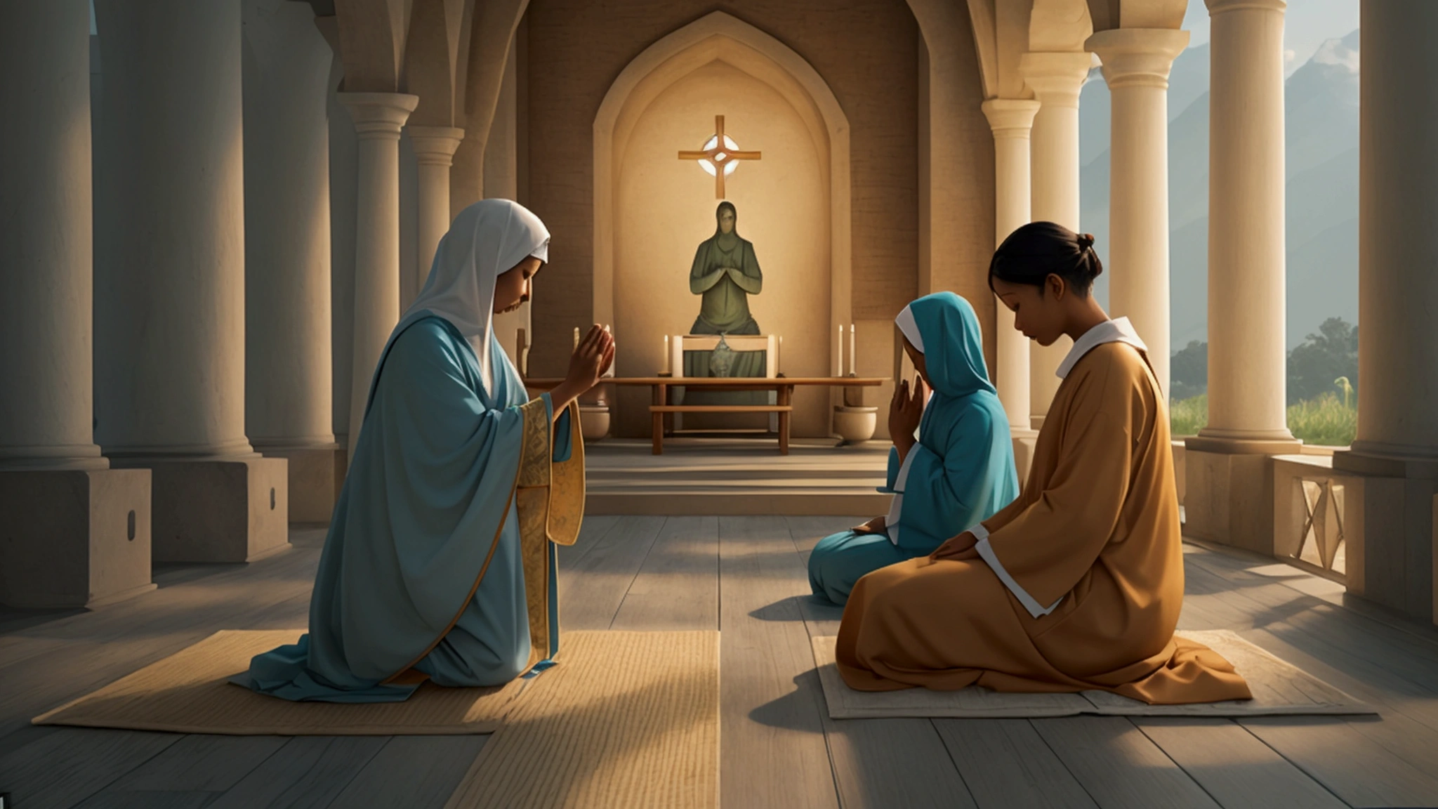 "Description: Visualize the concept of humility and the acceptance of the mystery in God's plans. Show a scene of individuals in prayer or meditation, seeking guidance with a humble heart.
Details:
Imagery: Depict people in a peaceful, serene setting, such as a quiet chapel or a tranquil outdoor space, with their heads bowed in prayer or contemplation.
Color Scheme: Use calming, soft colors like blues and greens to reflect tranquility and humility.
Background Elements: Incorporate elements like open skies, gentle light, and serene nature scenes to evoke a sense of peace and surrender."