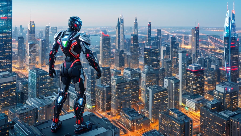 A futuristic cyborg soldier stands poised for battle, equipped with sleek, metallic wings that extend from its back, glinting in the light. The soldier holds a high-tech sword in one hand, its blade glowing with an inner energy, and a shield in the other, adorned with intricate circuitry patterns. The cyborg's armor is advanced and streamlined, integrating seamlessly with its robotic limbs. The backdrop features a futuristic cityscape, with towering buildings and neon lights