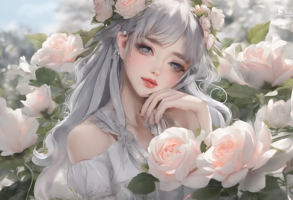Medium display, Medium Shot, Depth of written boundary, Head to Toe, Full body portrait, Movie angle, masterpiece, Highest quality, Very detailed, CG, 8k wallpaper, Beautiful Face, Delicate eyes, Ash grey hair color, alone, smile, bangs, Early summer outfit, Have, colorful dress, Many petals fluttering down, bouquet