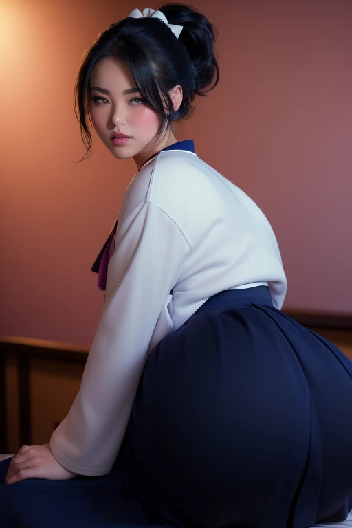 masterpiece, best quality, cinematic, photorealistic, ultra-detailed), (1girl, female Japanese student), (wide shot, from the front:1.4), (wearing a Traditional seifuku with a navy blue skirt and white blouse:1.5), (natural black hair, high ponytail tied with a simple ribbon:1.2), perfect hands, perfect face, (tall height, wide hips, long round legs, sexy legs, round ass), (massive natural soft tits), (hazel eyes, soft and shimmery eyeshadows, detailed pupils, defined eyelashes), (blushing, slightly parted lips, nude pink lips:1.2), (gradient background:1.3), (crouching seductively:1.4)