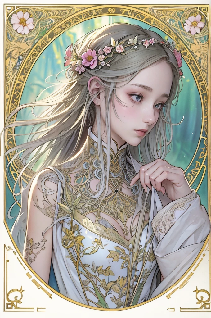 Depicts a beautiful woman with flowers in her hair、Highly detailed watercolor painting, The style of Alfons Maria Mucha and Gustav Kirmut, Art Nouveau accents, Fairy Princess, Anthropomorphic woman, Female figure, Detailed cover artwork, As the Flower Goddess, Alphonse Mucha, Gustav Klimt, Pale skin, Marble sculpture, society, Gothic art, Art Nouveau, Behance Contest Winner