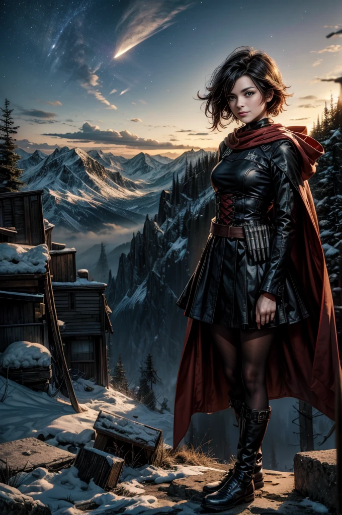 (masterpiece, best quality:1.2), cowboy shot, solo, 1girl, ruby rose, grin, looking at viewer, arms behind back, black dress, long sleeves, red cape, pantyhose, standing with crowd in city ruins on hill, overlooking valley, (crowd in military uniforms) BREAK night, stars, moon, snow, BREAK mountains in background, waterfall, vehicle wreck, , (crowd in military uniform), bonfires, post-apocalypse, dystopian future