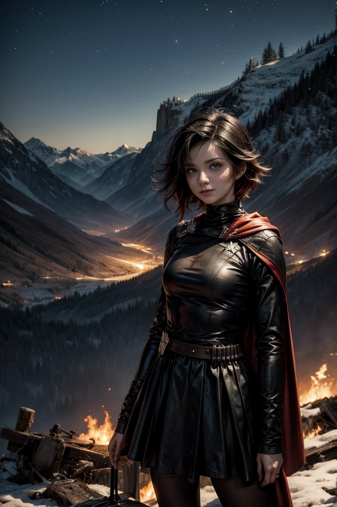 (masterpiece, best quality:1.2), cowboy shot, solo, 1girl, ruby rose, grin, looking at viewer, arms behind back, black dress, long sleeves, red cape, pantyhose, standing with crowd in city ruins on hill, overlooking valley, (crowd in military uniforms) BREAK night, stars, moon, snow, BREAK mountains in background, waterfall, vehicle wreck, , (crowd in military uniform), bonfires, post-apocalypse, dystopian future