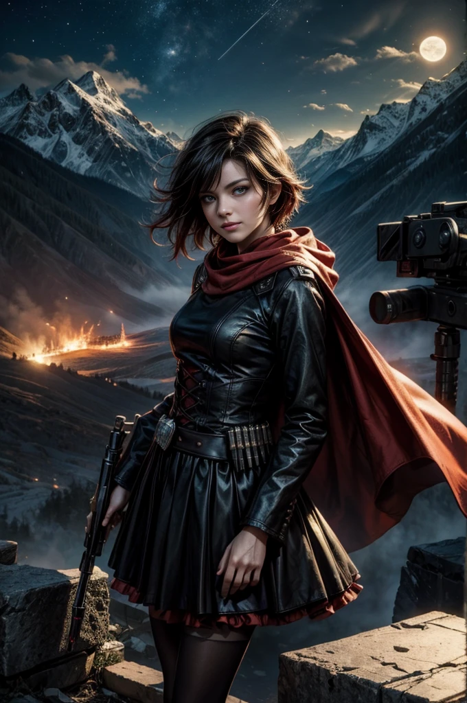 (masterpiece, best quality:1.2), cowboy shot, solo, 1girl, ruby rose, grin, looking at viewer, arms behind back, black dress, long sleeves, red cape, pantyhose, standing with crowd in city ruins on hill, overlooking valley, (crowd in military uniforms) BREAK night, stars, moon, snow, BREAK mountains in background, waterfall, vehicle wreck, , (crowd in military uniform), bonfires, post-apocalypse, dystopian future