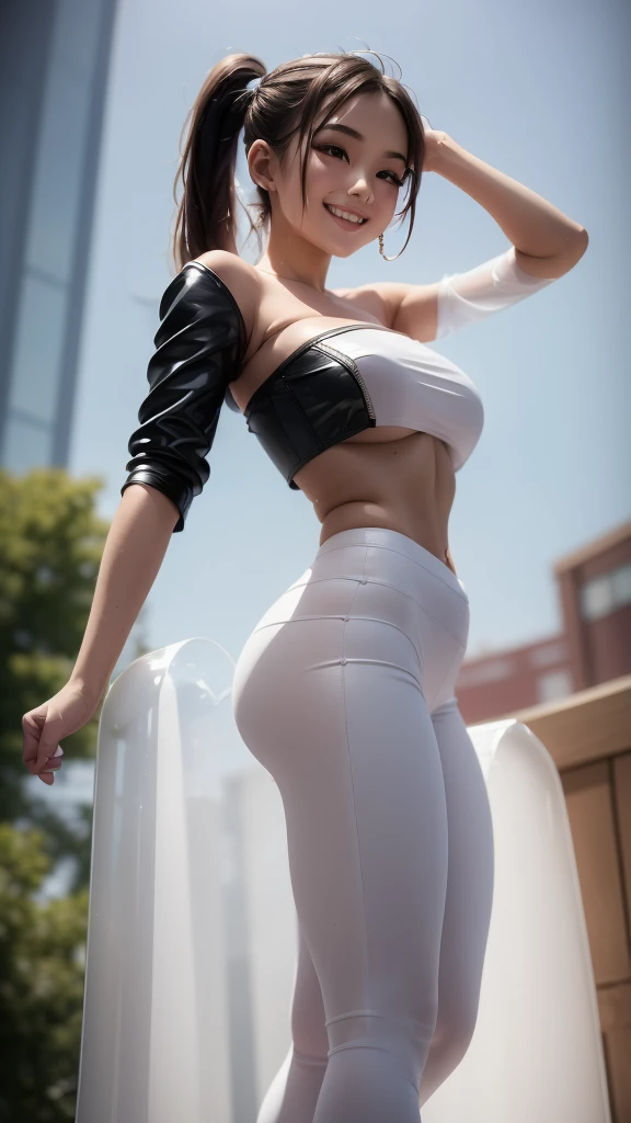 ((1girl)), masterpiece, hyper realistic, teenage asian girl, delicate face, beautiful face, perfect body, slender, ((leaning against the side of a building)), ((hair in ponytail)), (((wearing tight white translucent tube top with red leather mini crop jacket))), ((midriff exposed)), (short torn denim skirt with lacy black panty hose), sunglasses on head, smiling, blowing bubble gum, (night cityscape)