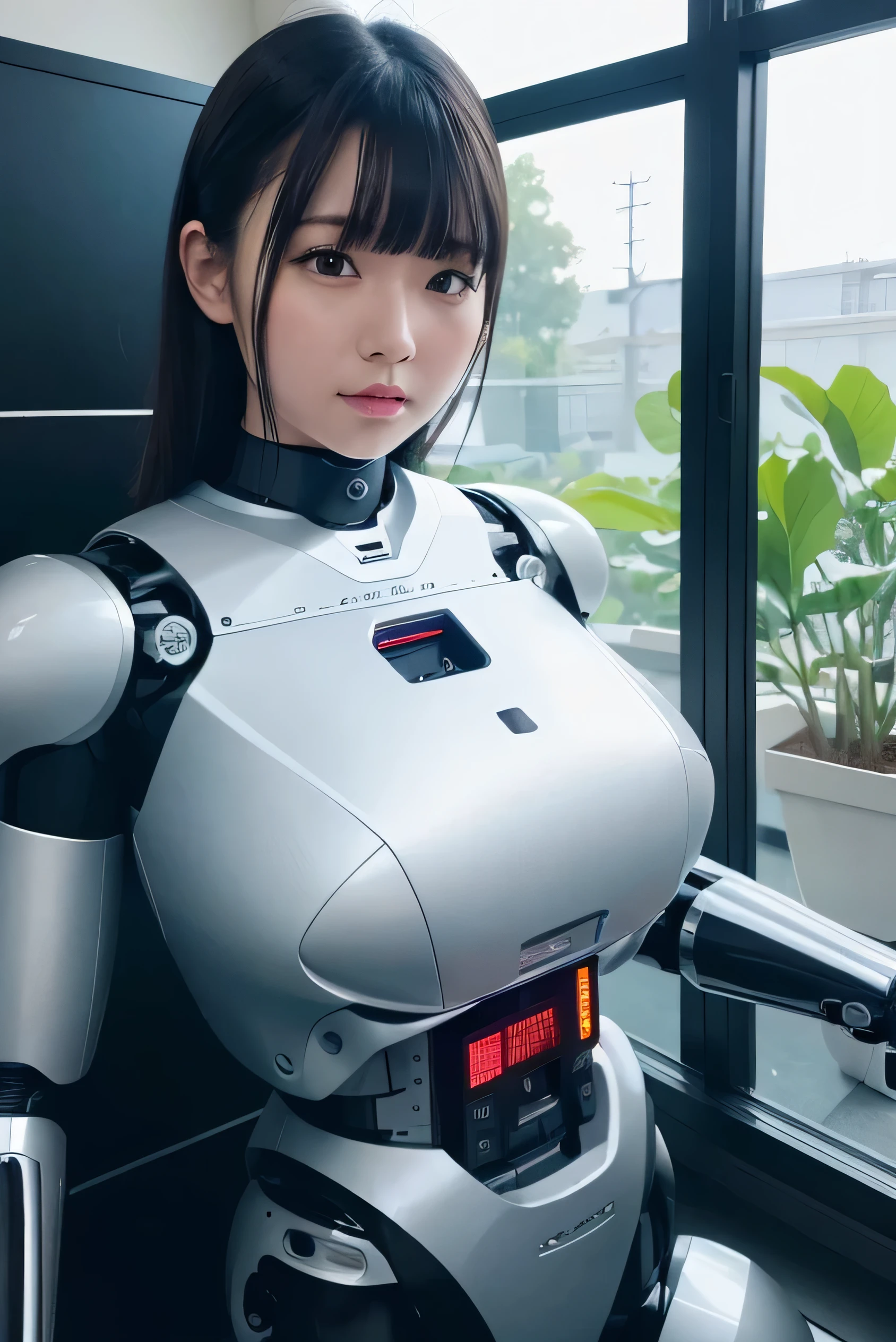 masterpiece, highest quality, Very detailed, Japaese アンDroid girl,Plump , Control panel,アンDroid,Droid,Mechanical Hand, robotの腕と脚,Blunt bangs,perfect robot girl,Long tube,A thick cable was attached to her neck.,アンDroid,robot,humanoid,cyborg,japanese cyborg girl ,The Laboratory of the Future,robot laboratory,maintenance,connect the cable between the legs,A skirt that covers the legs, She is charging now,（sleep mode:1.5), (Close ~ eyes:1.5), The ankles and feet are on rollers, Masterpiece