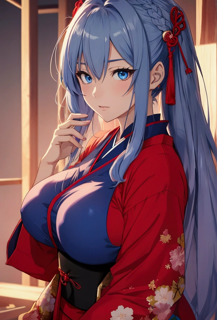 Japanese anime female character ,with blue eyes and hair ,wearing a low-cut red blouse, with big breasts