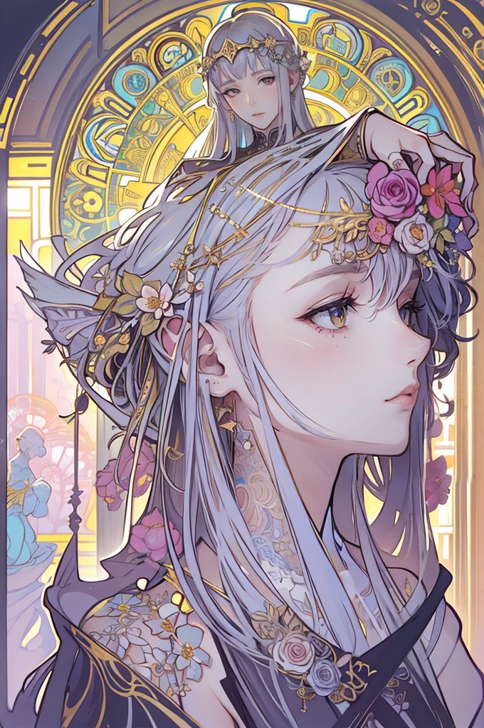Depicts a beautiful woman with flowers in her hair、Highly detailed watercolor painting, The style of Alfons Maria Mucha and Gustav Kirmut, Art Nouveau accents, Fairy Princess, Anthropomorphic woman, Female figure, Detailed cover artwork, As the Flower Goddess, Alphonse Mucha, Gustav Klimt, Pale skin, Marble sculpture, society, Gothic art, Art Nouveau, Behance Contest Winner