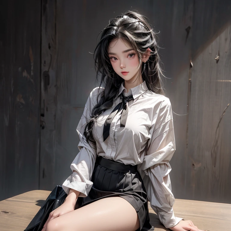 masterpiece, best quality, Very detailed, 1 girl, black hair, long hair, Asymmetrical hairstyle, Hair behind the ears, Big breasts, Thick thighs, Slim waist, Perfect body, Blushing, Hanging eye corners, seductive smile, A seductive expression, Neat white long sleeve shirt, black tie, Black pleated skirt, Black stockings, silver earrings, classroom background, Sitting at the table, Put your hands between your thighs, Seven-doppelganger shot, Focal length 100mm, sexly_attire