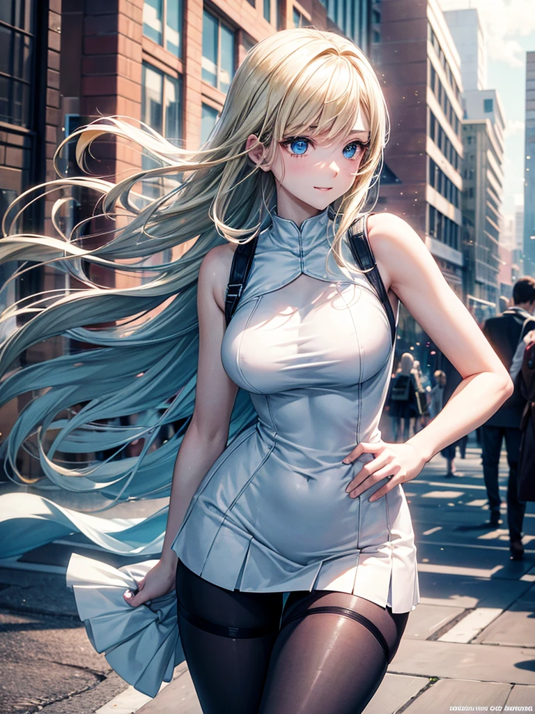 Anime style, super fine illustration, highly detailed, beautiful detailed, pale tone image, static representation, gentle expression, 8k, pretty 1girl with blonde straight short hair & blue eyes & a bright smile & full bust & nipples & soft fair skin is wearing big white business shart not show skin & black tight skirt & 1business bag, on the business building street, in the morning, brilliant particles of lights, romantic stories, solo, perfect 5fingers, perfect arms, perfect legs, masterpiece.