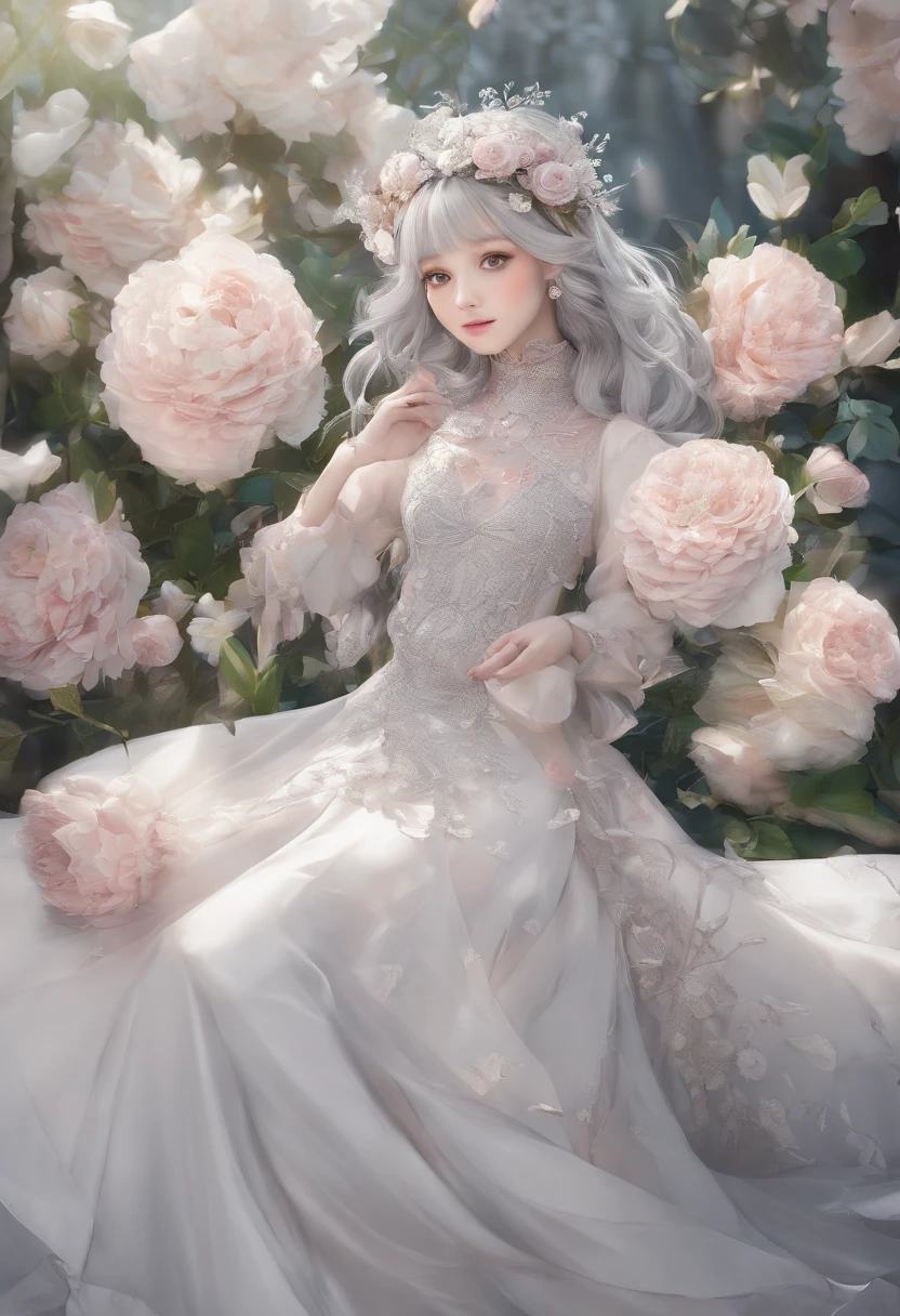 Medium display, Medium Shot, Depth of written boundary, Head to Toe, Full body portrait, Movie angle, masterpiece, Highest quality, Very detailed, CG, 8k wallpaper, Beautiful Face, Delicate eyes, Ash grey hair color, alone, smile, bangs, Early summer outfit, Have, colorful dress, Many petals fluttering down, bouquet
