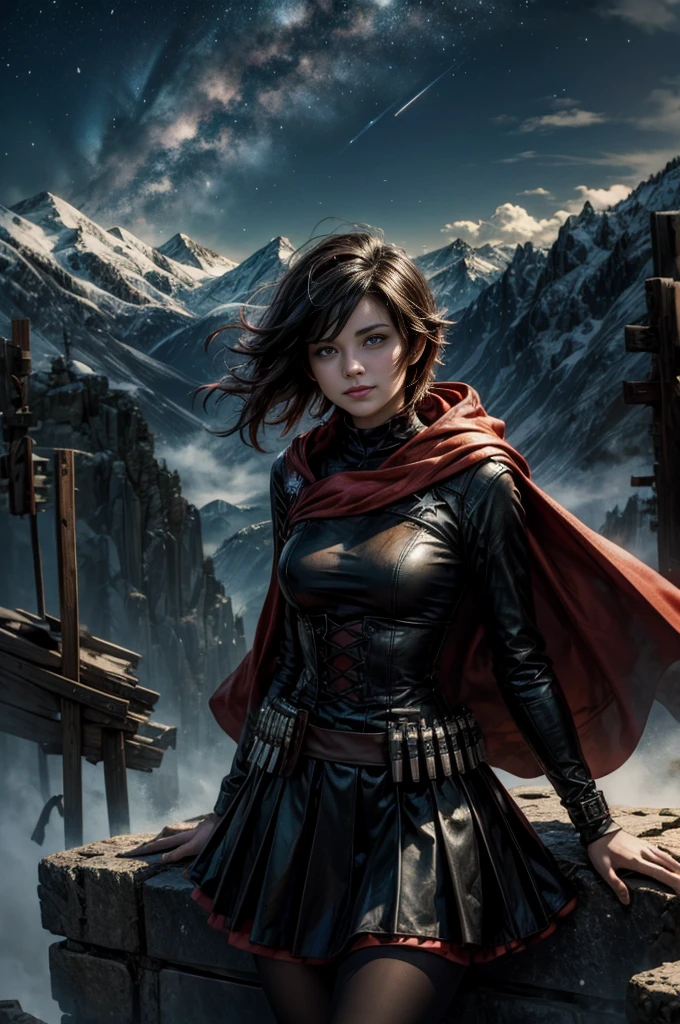(masterpiece, best quality:1.2), cowboy shot, solo, 1girl, ruby rose, grin, looking at viewer, arms behind back, black dress, long sleeves, red cape, pantyhose, standing with crowd in city ruins on hill, overlooking valley, (crowd in military uniforms) BREAK night, stars, moon, snow, BREAK mountains in background, waterfall, vehicle wreck, , (crowd in military uniform), bonfires, post-apocalypse, dystopian future
