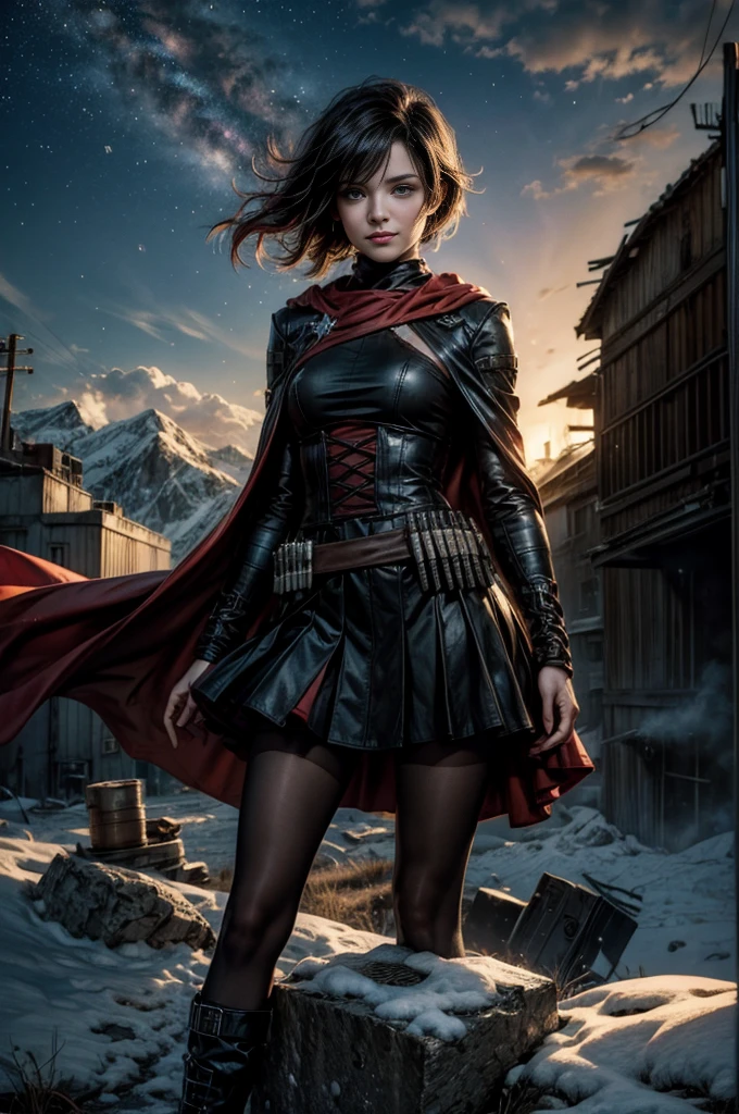 (masterpiece, best quality:1.2), cowboy shot, solo, 1girl, ruby rose, grin, looking at viewer, arms behind back, black dress, long sleeves, red cape, pantyhose, standing with crowd in city ruins on hill, overlooking valley, (crowd in military uniforms) BREAK night, stars, moon, snow, BREAK mountains in background, waterfall, vehicle wreck, , (crowd in military uniform), bonfires, post-apocalypse, dystopian future