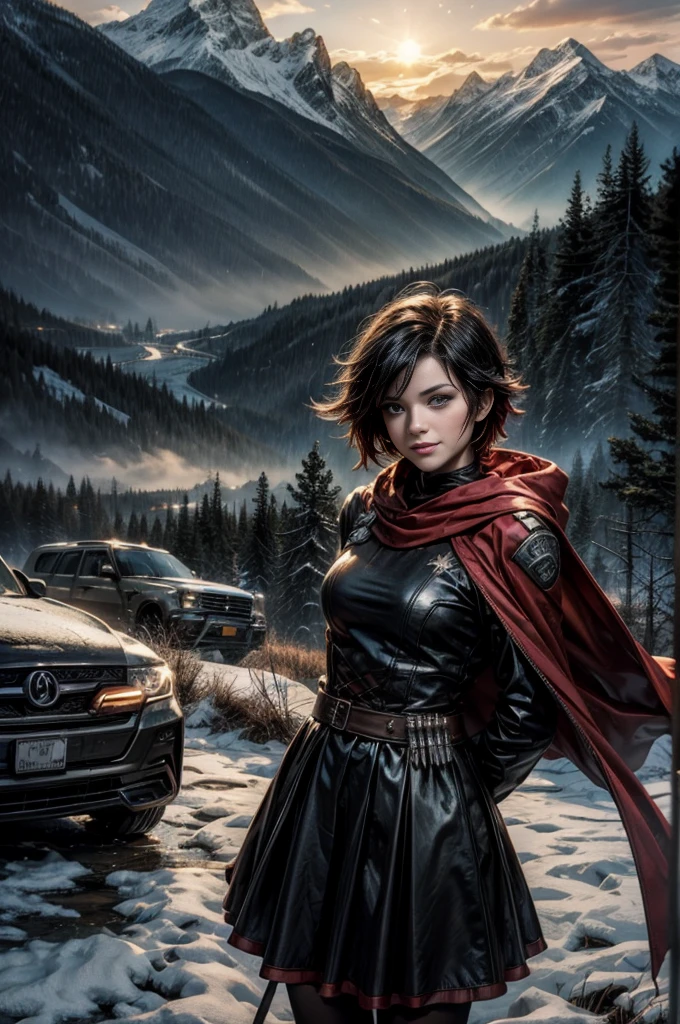 (masterpiece, best quality:1.2), cowboy shot, solo, 1girl, ruby rose, grin, looking at viewer, arms behind back, black dress, long sleeves, red cape, pantyhose, standing with crowd in city ruins on hill, overlooking valley, (crowd in military uniforms) BREAK night, stars, moon, snow, BREAK mountains in background, waterfall, vehicle wreck, , (crowd in military uniform), bonfires, post-apocalypse, dystopian future