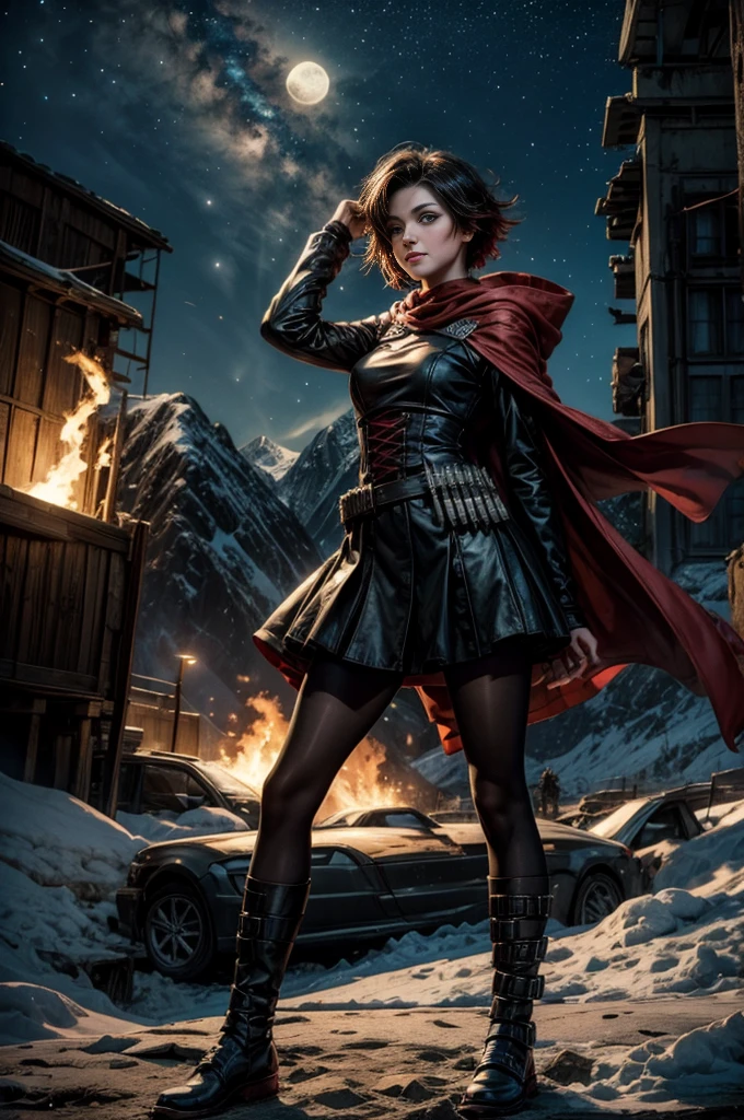 (masterpiece, best quality:1.2), cowboy shot, solo, 1girl, ruby rose, grin, looking at viewer, arms behind back, black dress, long sleeves, red cape, pantyhose, standing with crowd in city ruins on hill, overlooking valley, (crowd in military uniforms) BREAK night, stars, moon, snow, BREAK mountains in background, waterfall, vehicle wreck, , (crowd in military uniform), bonfires, post-apocalypse, dystopian future
