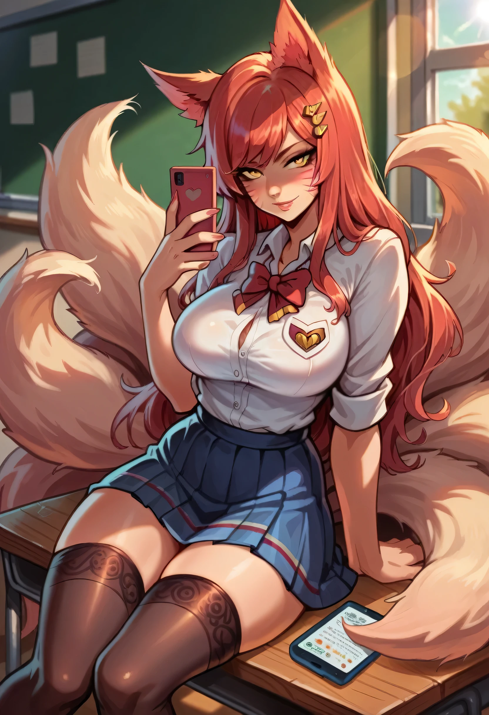 masterpiece, best quality, ultra-detailed, illustration, colorful, flat color, depth of field, lens flare, 1girl, anime, sitting, red hair, messy hair, yellow eyes, fox ears, looking at viewer, school, classroom, facial mark, fox tail, multiple tails, academy ahri, skirt, thighhighs, detailed skin texture, detailed cloth texture, beautiful detailed face, large breasts, blush, seductive smile, smartphone