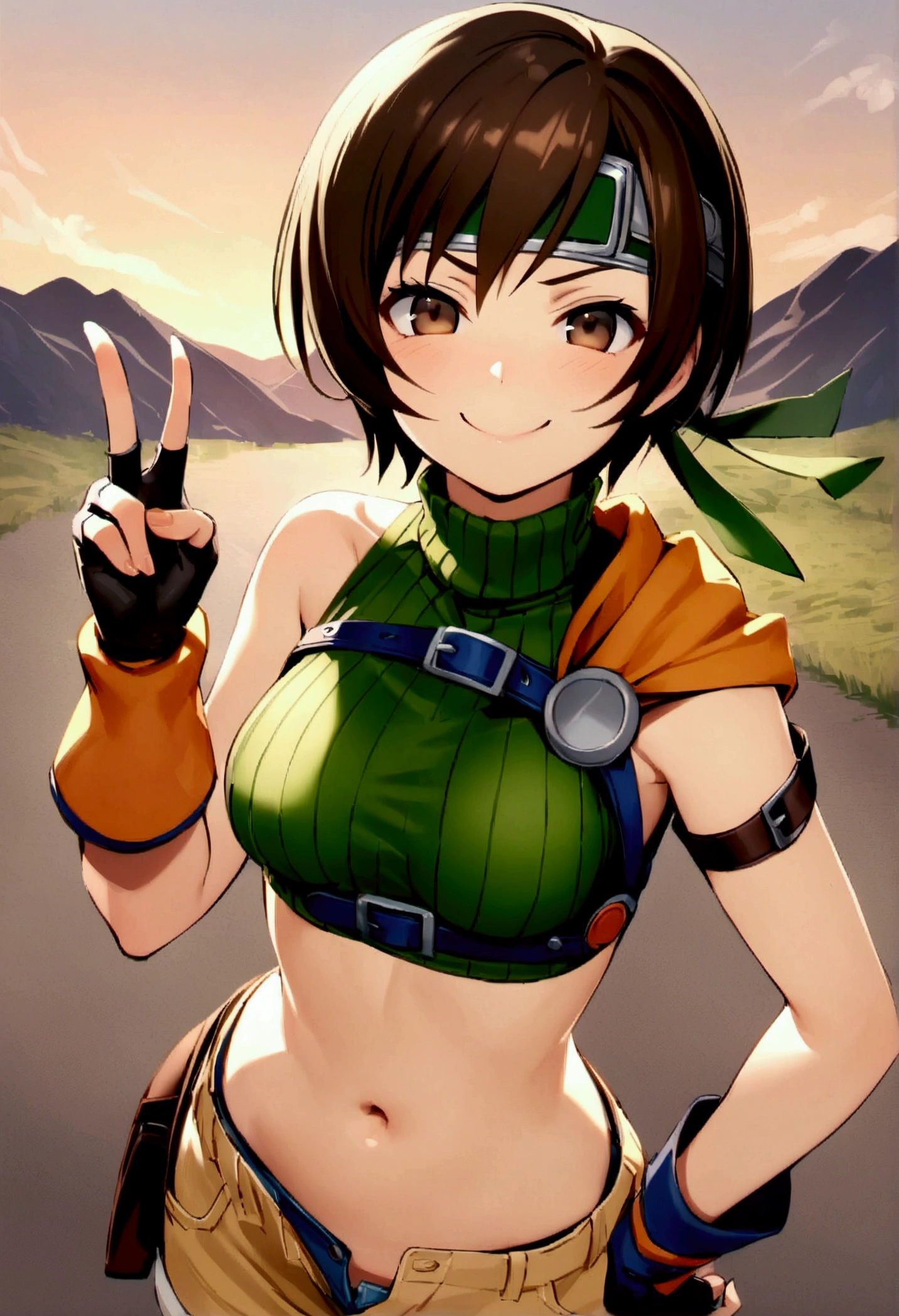 score_9, score_8_up, score_7_up,,BREAK ,best quality,aesthetic,very aesthetic,high-resolution ,mediumshot,,soro focus,1girl, yuffie kisaragi, final fantasy, short hair,headband,navel,sleeveless,turtleneck,brown eyes,sleeveless turtleneck,solo,breasts,looking at viewer,smile,gloves,crop top,brown hair,shorts,midriff,,sweater,open fly,armor,fingerless gloves,ribbed sweater,medium breasts,(great joy,),standing,mountain,sunset,top angle,v,hand on hip,smug,