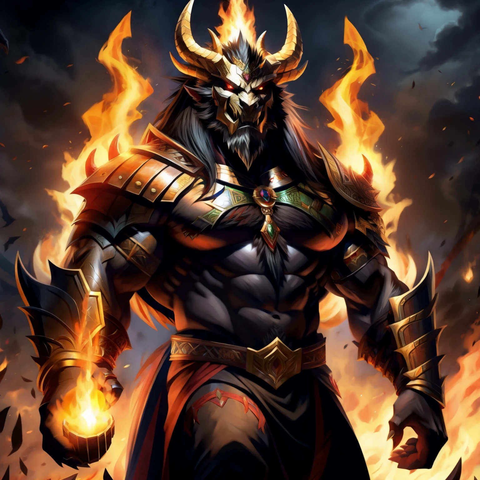 man old, MUSCULOUS LUCIFER IN GREEN AND BLACK AND RED DRAGON OUTFIT , Cao Cao, with 2 demonic horns BLACK hair , and large beard, WITH A GIANT HORSE WITH 4 LONG LEGS, BLACK FROM HELL A MONSTER), hellfire IN FOLDERS, RED BRIGHT FIRE EYES, Vibrant FIRE, blood spilled ON THE BODY, full body with legs , Diablo&#39;s dark style, BACKGROUND LAVA LAKE MO UNDERWORLD OF HELL.