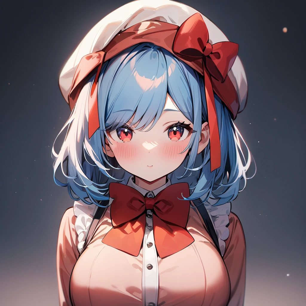 1girl,Solo,cute,Blue hair,Blue and red, swept bangs,straight-on,medium hair,big breast,masterpiece, best quality,very aesthetic,absurdres,(bow),(Low brightness)