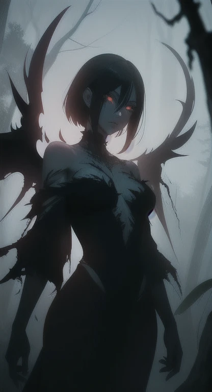 Foggy Forest, ancient female creature, demonic silhouette, harpie shadow figure, red eyes, eyes in the fog, rotting, looking dead, torn wings,
