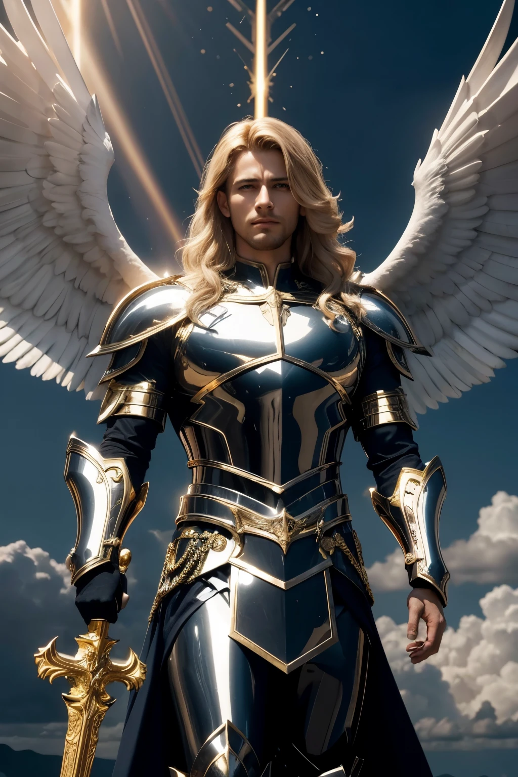 Archangel Michael in a majestic and heroic pose. He's dressed in shiny armor, with intricate details in gold and silver. Its wings are huge and imposing, with bright feathers that reflect light. In the right hand, he holds a flaming sword, and on the left, a shield adorned with angelic symbols. The background is a dramatic sky, with dark clouds and rays of light penetrating. At dinner it transmits power, courage and divinity, with a realistic and detailed style.