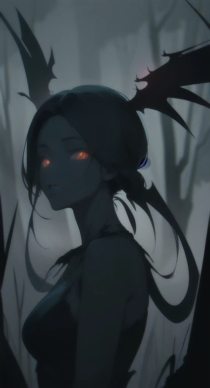 Foggy Forest, ancient female creature, demonic silhouette, harpy shadow figure, red eyes, eyes in the fog, rotting, looking dead, torn wings, 