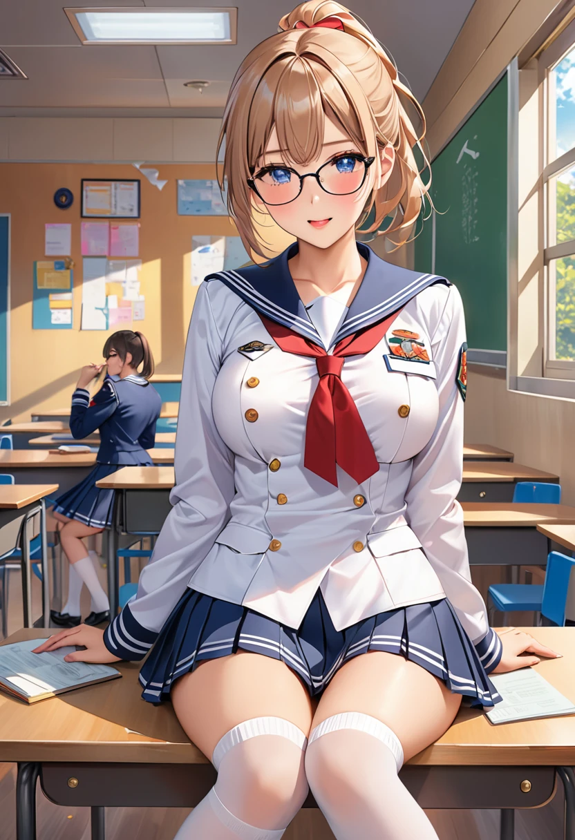 Highest quality、High resolution、Detailed Background、Beautiful face in every detail、age beauty、Huge breasts、Detailed facial expressions、Light color hair、ponytail、Bobcut、Perfect body line、Glasses、Sailor suit、JK Uniform、Pleated skirt、White Stockings、Look at me with cold eyes、Blushing、
(The button on her uniform is broken and her breasts are spilling out:1.5)、(View from below of sitting at desk in classroom:1.5)、Show your side、Underboob、Panty shot、cute