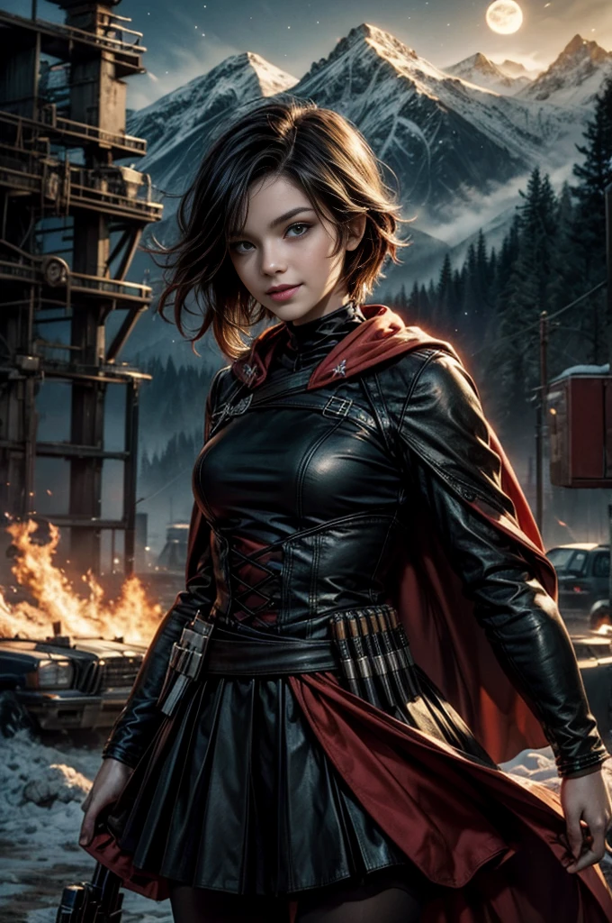 (masterpiece, best quality:1.2), cowboy shot, solo, 1girl, ruby rose, grin, looking at viewer, arms behind back, black dress, long sleeves, red cape, pantyhose, standing with crowd in city ruins on hill, overlooking valley, (crowd in military uniforms) BREAK night, stars, moon, snow, BREAK mountains in background, waterfall, vehicle wreck, , (crowd in military uniform), bonfires, post-apocalypse, dystopian future