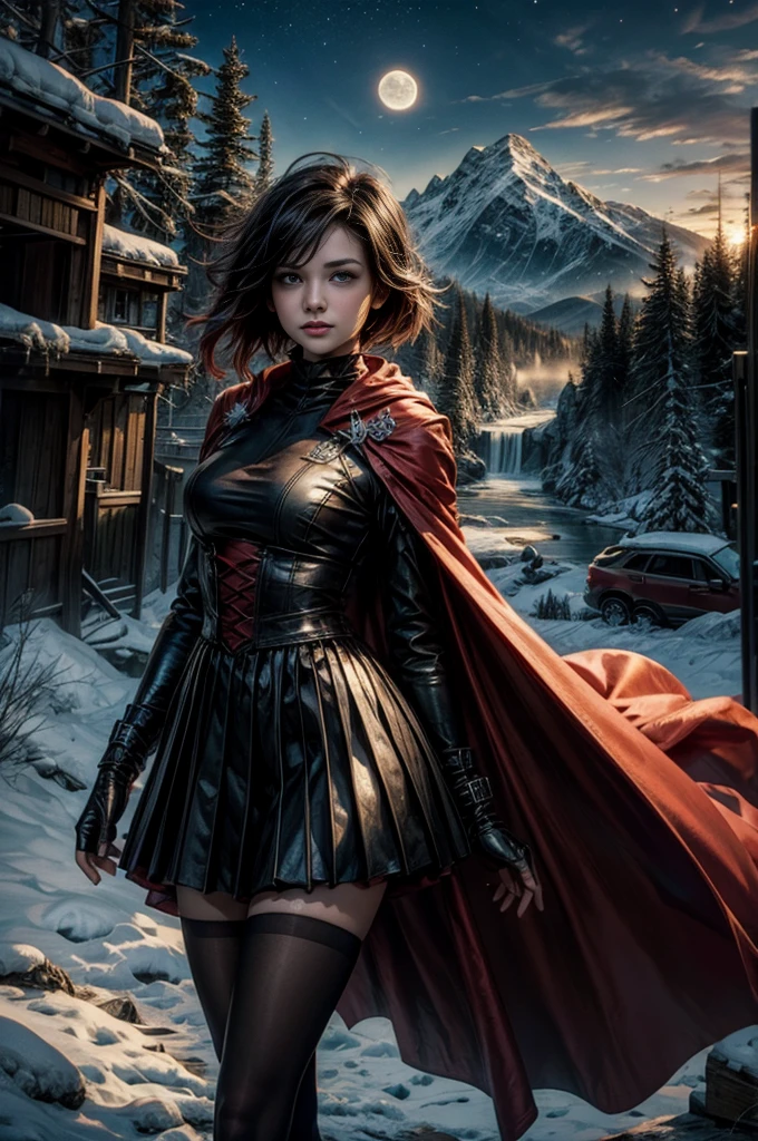 (masterpiece, best quality:1.2), cowboy shot, solo, 1girl, ruby rose, grin, looking at viewer, arms behind back, black dress, long sleeves, red cape, pantyhose, standing with crowd in city ruins on hill, overlooking valley, (crowd in military uniforms) BREAK night, stars, moon, snow, BREAK mountains in background, waterfall, vehicle wreck, , (crowd in military uniform), bonfires, post-apocalypse, dystopian future