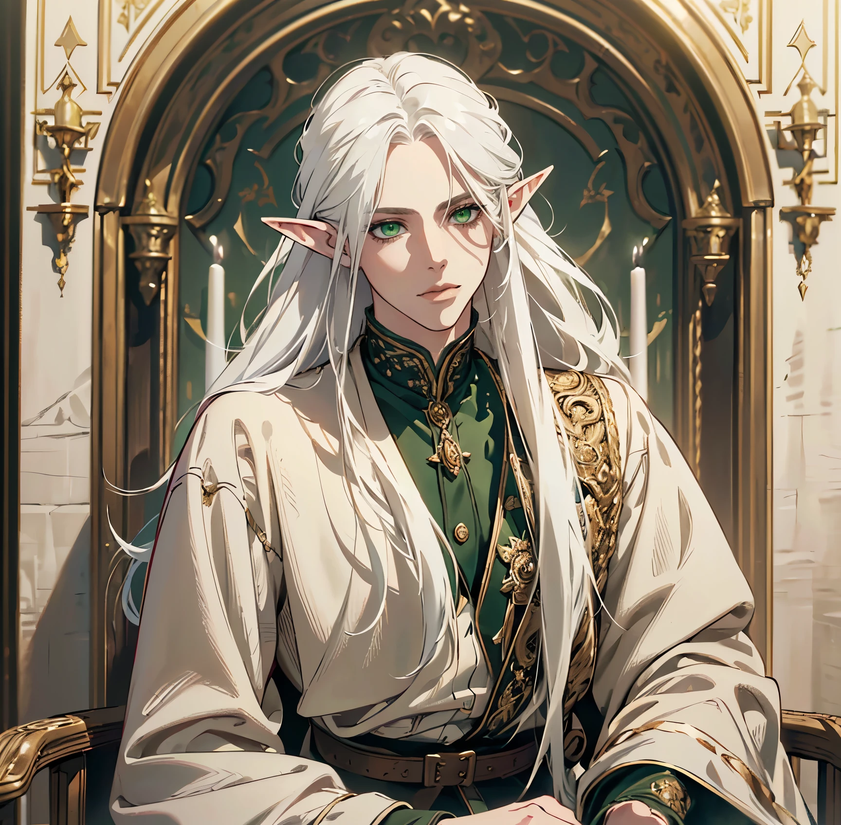 1 man, handsome elf, long white hair, pointed ears, Sharp green eyes, solo, (best quality,4k,8k,highres,masterpiece:1.2),ultra-detailed,(realistic,photorealistic,photo-realistic:1.37),fantasy portrait,dramatic lighting,cinematic,vibrant colors,chiaroscuro,dramatic pose,highly detailed face and features, Far away