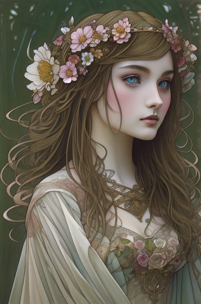 Depicts a beautiful woman with flowers in her hair、Highly detailed watercolor painting, The style of Alfons Maria Mucha and Gustav Kirmut, Art Nouveau accents, Fairy Princess, Anthropomorphic woman, Female figure, Detailed cover artwork, As the Flower Goddess, Alphonse Mucha, Gustav Klimt, Pale skin, Marble sculpture, society, Gothic art, Art Nouveau, Behance Contest Winner
