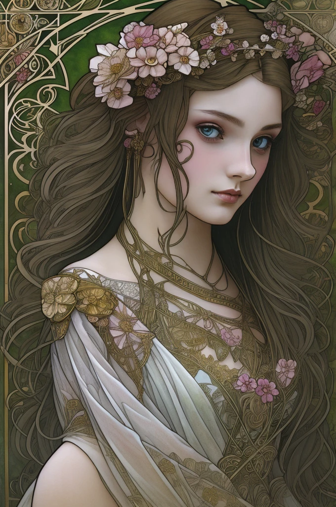 Depicts a beautiful woman with flowers in her hair、Highly detailed watercolor painting, The style of Alfons Maria Mucha and Gustav Kirmut, Art Nouveau accents, Fairy Princess, Anthropomorphic woman, Female figure, Detailed cover artwork, As the Flower Goddess, Alphonse Mucha, Gustav Klimt, Pale skin, Marble sculpture, society, Gothic art, Art Nouveau, Behance Contest Winner