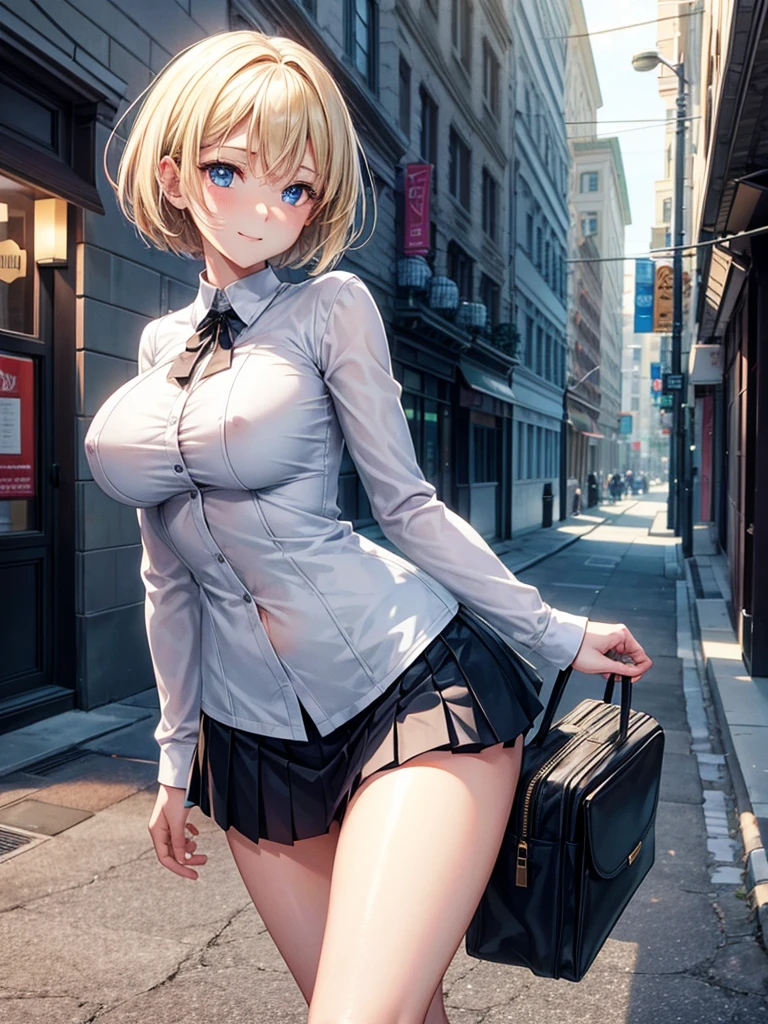 Anime style, super fine illustration, highly detailed, beautiful detailed, pale tone image, static representation, gentle expression, 8k, pretty 1girl with blonde straight short hair & blue eyes & a bright smile & full bust & nipples & soft fair skin is wearing big white business shart not show skin & black tight skirt & 1business bag, on the business building street, in the morning, brilliant particles of lights, romantic stories, solo, perfect 5fingers, perfect arms, perfect legs, masterpiece.