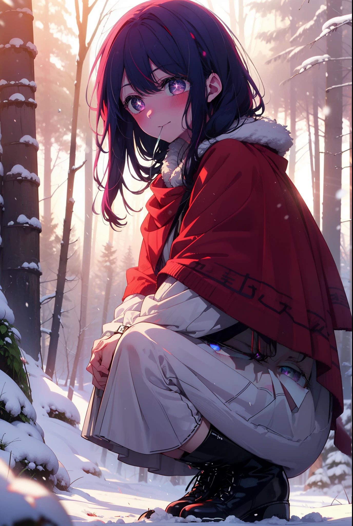 aihoshino, Ai Hoshino, Long Hair, bangs, (Purple eyes:1.1), Purple Hair, (Symbol-shaped pupil:1.5), smile,,smile,blush,white breath,
Open your mouth,snow,Ground bonfire, Outdoor, boots, snowing, From the side, wood, suitcase, Cape, Blurred, , forest, White handbag, nature,  Squat, Mouth closed, Cape, winter, Written boundary depth, Black shoes, red Cape break looking at viewer, Upper Body, whole body, break Outdoor, forest, nature, break (masterpiece:1.2), Highest quality, High resolution, unity 8k wallpaper, (shape:0.8), (Beautiful and beautiful eyes:1.6), Highly detailed face, Perfect lighting, Highly detailed CG, (Perfect hands, Perfect Anatomy),