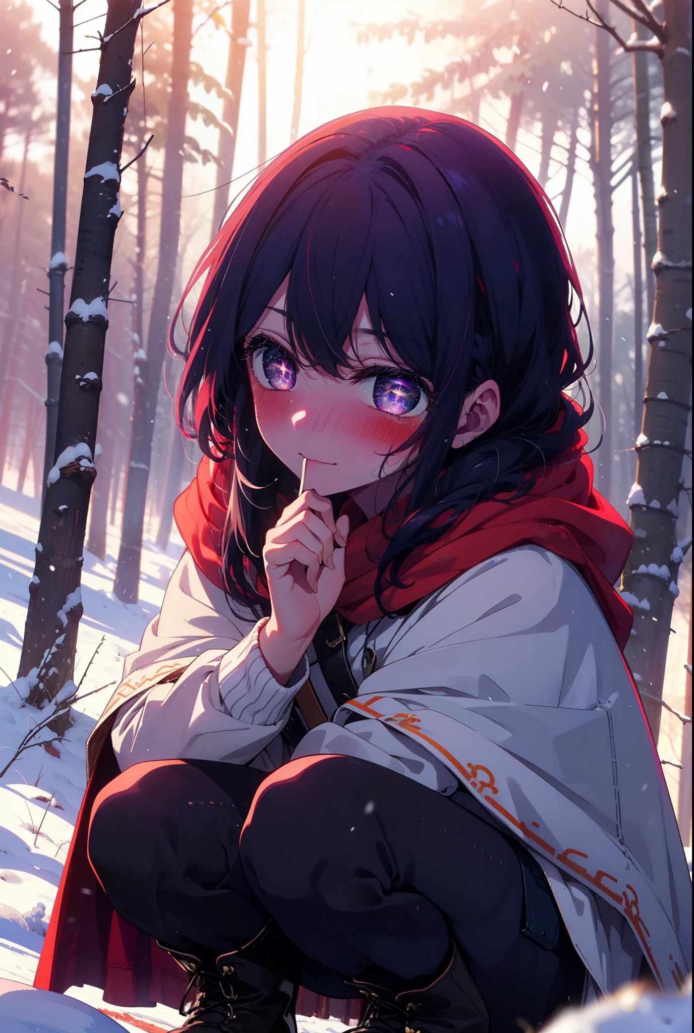 aihoshino, Ai Hoshino, Long Hair, bangs, (Purple eyes:1.1), Purple Hair, (Symbol-shaped pupil:1.5), smile,,smile,blush,white breath,
Open your mouth,snow,Ground bonfire, Outdoor, boots, snowing, From the side, wood, suitcase, Cape, Blurred, , forest, White handbag, nature,  Squat, Mouth closed, Cape, winter, Written boundary depth, Black shoes, red Cape break looking at viewer, Upper Body, whole body, break Outdoor, forest, nature, break (masterpiece:1.2), Highest quality, High resolution, unity 8k wallpaper, (shape:0.8), (Beautiful and beautiful eyes:1.6), Highly detailed face, Perfect lighting, Highly detailed CG, (Perfect hands, Perfect Anatomy),